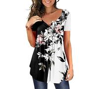 Womens Tops Casual Short Sleeve T-Shirt V Neck Buttons Up Floral Printed Blouse Tunic Tops Plain Pleated V Neck Buttons Up Blouse Floral Printed Ladies Henley T-Shirt Ladies Tops Crew Neck Tunic