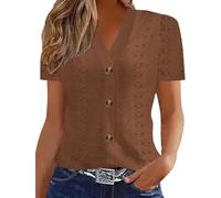 Womens Tops, Causal Breathable V Neck Short Sleeve Blouses Elegant Eyelet Embroidery T-Shirt Women's Summer Tops Comfort Button Down Going Out Top Slimming Fit Top Vintage Tshirts