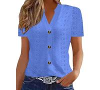 Womens Tops, Causal Breathable V Neck Short Sleeve Blouses Elegant Eyelet Embroidery T-Shirt Women's Summer Tops Comfort Button Down Going Out Top Slimming Fit Top Vintage Tshirts