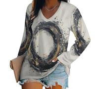 Womens Tops Circle and Polka Dot Print Long Sleeve Jumpers Splashed Ink Art T Shirts V-Neck Funny Gift Shirts Cowgirl Blouse Loose Fit Workout Tshirts for Ladies Beige