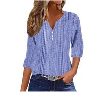 Womens Tops Color Block 3/4 Sleeve V Neck Button Up Ladies Blouses Dressy Casual Henley Shirts (Z06-Blue, M)