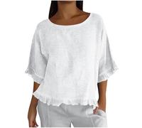 Womens Tops Cotton Linen 3/4 Sleeve T Shirts Oversized Ruffle Hem Blouses Round Neck Tunic Top Casual Loose Comfy Summer Tee Shirts for Daily Wear
