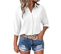 Womens Tops Cotton Linen Blouses 3/4 Sleeve Shirts Ladies Summer T Shirts Plain Lightweight Button Down Tops Ladies V Neck Roll Up Sleeve Oversized Tees Loose Dressy Elegant Blouses Plus Size