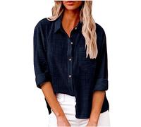 Women's Tops Cotton Linen Button Down Blouses Work Tunic Tops Ladies Shirt Summer Linen Shirts Loose Pocket Long Sleeve Ladies Blouse Casual Sports Ladies T Shirts Vocation Woman Clothes Navy