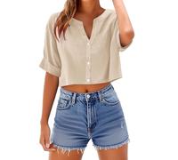 Womens Tops Cotton Linen Casual Cap Sleeve Summer Blouse Sweatshirt Vintage Henley Shirts Solid Color Pleated Lounge Baggy Ladies Short Sleeve Summer Loose Blouse UK Khaki