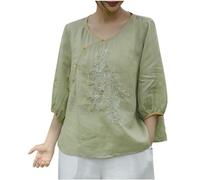 Womens Tops Cotton Linen Embroidered T Shirt 3/4 Sleeve Crewneck Basic Tees Ethnic Peasant Blouse Loose Summer Pullover Elegant Undershirt Womens Shirts Boho Beach Home Casual Wear