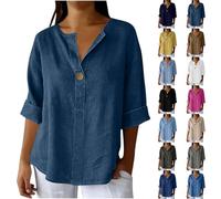 Womens Tops Cotton Linen Half Sleeve Tshirts Causal Buttons V Neck Vintage Plus Size Blouses Loose Fit Boho Going Out Summer Clothes for Older Ladies UK Size 4-22