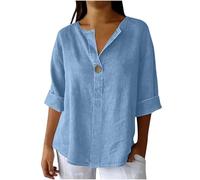Womens Tops Cotton Linen Half Sleeve Tshirts Causal Buttons V Neck Vintage Plus Size Blouses Loose Fit Boho Going Out Summer Clothes for Older Ladies Light Blue 5XL