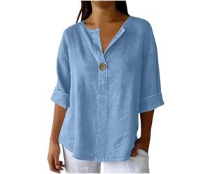 Womens Tops Cotton Linen Half Sleeve Tshirts Causal Buttons V Neck Vintage Plus Size Blouses Loose Fit Boho Going Out Summer Clothes for Older Ladies UK Size 4-22