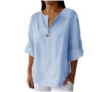 Womens Tops Cotton Linen Shirts Summer Three Quarter Sleeve Cheesecloth V Neck Work Blouse Plus Size Ladies Tunic Tops T-Shirts Solid Color Casual Shirt Loose Fit Basic Tee 18 16 22 14