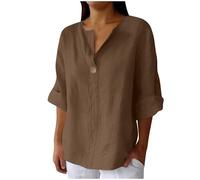 Womens Tops Cotton Linen Shirts Summer Three Quarter Sleeve Cheesecloth V Neck Work Blouse Plus Size Ladies Tunic Tops T-Shirts Solid Color Casual Shirt Loose Fit Basic Tee 18 16 22 14 Brown