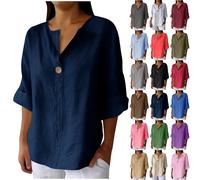 Womens Tops Cotton Linen Shirts Summer Three Quarter Sleeve Cheesecloth V Neck Work Blouse Plus Size Ladies Tunic Tops T-Shirts Solid Color Casual Shirt Loose Fit Basic Tee 18 16 22 14 Navy