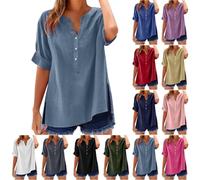 Womens Tops Cotton Linen Shirts Summer V Neck Button Up Short Sleeve Ladies Blouse T-shirts Solid Color Work Casual Oversized Loose Blouses Daily Women Top Cloth Sale UK Plus Size 14 16 18 22
