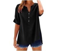 Womens Tops Cotton Linen Shirts Summer V Neck Button Up Short Sleeve Ladies Blouse T-Shirts Solid Color Work Casual Oversized Loose Blouses Daily Women Top Cloth Sale UK Plus Size 14 16 18 22 Black