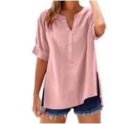Womens Tops Cotton Linen Shirts Summer V Neck Button Up Short Sleeve Ladies Blouse T-Shirts Solid Color Work Casual Oversized Loose Blouses Daily Women Top Cloth Sale UK Plus Size 14 16 18 22 Pink