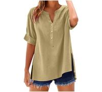 Womens Tops Cotton Linen Shirts Summer V Neck Button Up Short Sleeve Ladies Blouse T-Shirts Solid Color Work Casual Oversized Loose Blouses Daily Women Top Cloth Sale UK Plus Size 14 16 18 22 Khaki