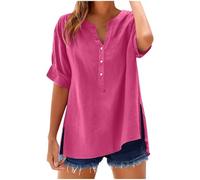 Womens Tops Cotton Linen Shirts Summer V Neck Button Up Short Sleeve Ladies Blouse T-shirts Solid Color Work Casual Oversized Loose Blouses Daily Women Top Cloth Sale UK Plus Size 14 16 18 22