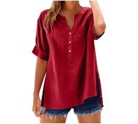 Womens Tops Cotton Linen Shirts Summer V Neck Button Up Short Sleeve Ladies Blouse T-Shirts Solid Color Work Casual Oversized Loose Blouses Daily Women Top Cloth Sale UK Plus Size 14 16 18 22 Red