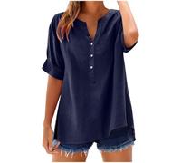 Womens Tops Cotton Linen Shirts Summer V Neck Button Up Short Sleeve Ladies Blouse T-Shirts Solid Color Work Casual Oversized Loose Blouses Daily Women Top Cloth Sale UK Plus Size 14 16 18 22 Navy