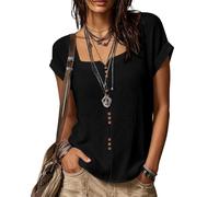 Womens Tops Cotton Linen Short Sleeve Fashion Square Neck Button Solid Shirts Summer Lightweigth Casual Loose Fit Holiday Travel Blouses Tops for Women UK Black XXL