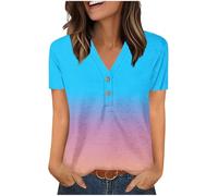 Womens Tops Cotton Summer V Neck Button Up Short Sleeve T Shirts Vintage Floral Printed Blouse Plus Size Top Loose Tees Work Casual Tunic Tops Daily Wear Shirts UK Clearance UK Plus Size