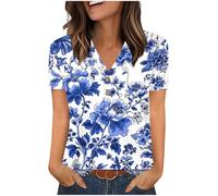 Womens Tops Cotton Summer V Neck Button Up Short Sleeve T Shirts Vintage Floral Printed Blouse Plus Size Top Loose Tees Work Casual Tunic Tops Daily Wear Shirts UK Clearance UK Plus Size