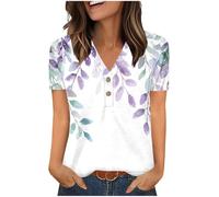 Womens Tops Cotton Summer V Neck Button Up Short Sleeve T Shirts Vintage Floral Printed Blouse Plus Size Top Loose Tees Work Casual Tunic Tops Daily Wear Shirts UK Clearance UK Plus Size