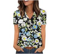 Womens Tops Cotton Summer V Neck Button Up Short Sleeve T Shirts Vintage Floral Printed Blouse Plus Size Top Loose Tees Work Casual Tunic Tops Daily Wear Shirts UK Clearance UK Plus Size