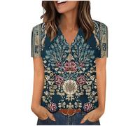Womens Tops Cotton Summer V Neck Button Up Short Sleeve T Shirts Vintage Floral Printed Blouse Plus Size Top Loose Tees Work Casual Tunic Tops Daily Wear Shirts UK Clearance UK Plus Size