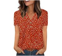 Womens Tops Cotton Summer V Neck Button Up Short Sleeve T Shirts Vintage Floral Printed Blouse Plus Size Top Loose Tees Work Casual Tunic Tops Daily Wear Shirts UK Clearance UK Plus Size