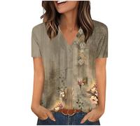 Womens Tops Cotton Summer V Neck Button Up Short Sleeve T Shirts Vintage Floral Printed Blouse Plus Size Top Loose Tees Work Casual Tunic Tops Daily Wear Shirts UK Clearance UK Plus Size