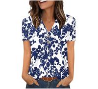 Womens Tops Cotton Summer V Neck Button Up Short Sleeve T Shirts Vintage Floral Printed Blouse Plus Size Top Loose Tees Work Casual Tunic Tops Daily Wear Shirts UK Clearance UK Plus Size