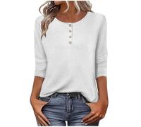 Womens Tops Cotton T Shirts Button V Neck Plain Ladies Blouses Basic 3/4 Sleeve Tops Loose Fit Summer T-Shirts Tunic Going Out Sports Gym Blouse Daily Work Blouse White