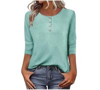 Womens Tops Cotton T Shirts Button V Neck Plain Ladies Blouses Basic 3/4 Sleeve Tops Loose Fit Summer T-Shirts Tunic Going Out Sports Gym Blouse Daily Work Blouse Mint Green