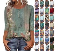 Womens Tops Cotton T Shirts Button V Neck Plain Ladies Blouses Basic 3/4 Sleeve Tops Loose Fit Summer T-Shirts Tunic Going Out Sports Gym Blouse Daily Work Blouse