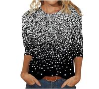 Women's Tops Crewneck 3/4 Sleeve Shirts Trendy Sparkle T Shirts Sequin Glitter Graphic Tees Summer Tunic Tops Fall Dressy Casual Blouse Loose Fit Pullover Going Out Top