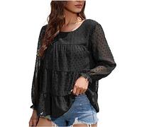Womens Tops Deals of The Day Lantern Long Sleeve Round Neck Shirts Solid Color Swiss Dot Chiffon Blouse Elegant Dressy Tunic Shirt Ruffled Loose Casual T Shirt Work Party Top Fall Pullover Black