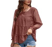 Womens Tops Deals of The Day Lantern Long Sleeve Round Neck Shirts Solid Color Swiss Dot Chiffon Blouse Elegant Dressy Tunic Shirt Ruffled Loose Casual T Shirt Work Party Top Fall Pullover Pink