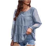 Womens Tops Deals of The Day Lantern Long Sleeve Round Neck Shirts Solid Color Swiss Dot Chiffon Blouse Elegant Dressy Tunic Shirt Ruffled Loose Casual T Shirt Work Party Top Fall Pullover Blue
