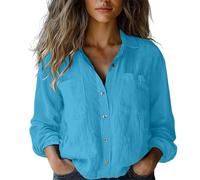 Womens Tops Dressy UK Casual Summer Button Down Cotton Linen Shirts Elegant Smart Button Down Work Shirts Lapel Formal Dressy Blouse 2025 Ladies Pleated Tshirt Chic Going Out Top Sky Blue XL