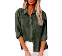 Womens Tops Dressy UK Casual Summer Button Down Cotton Linen Shirts Work Office Women Blouse and Shirts Roll Up Long Sleeve Lapel Blouses Trendy Loose Fit Ladies Tops Spring Shirts