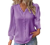 Womens Tops Elegant Lace 3/4 Sleeve Long Sleeve V Neck Splicing Hollow Bubble Lace Solid Color Ladies Soft Blouse Loose Fit Summer Fall for Work Office