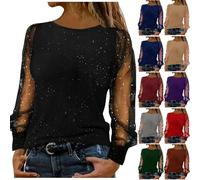 Womens Tops Fashion Elegant Sequin Sparkle Mesh Sleeve Blouse Women's Clothing Sweatshirts Crew Neck Lightweight Long Sleeve Tops Women Casual Loose Party and Evening Wear Tunic Fall Shirts Pullover
