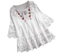Womens Tops Lace Patchwork 3/4 Sleeve Boho Floral Embroidered Shirts Lace-Up V Neck Casual T-Shirts Loose Fit Cotton Linen Blouses Ladies Plus Size Dressy Tshirt Trendy Outfit