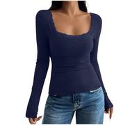 Womens Tops Lace Trim Square Neck Long Sleeve Tunic Tops Ladies Knitted Blouse Elegant Cropped T Shirts Sweater Pullover Top Jumper Spring Autumn Casual Tees Work Office Daily Shirt Dark Blue