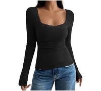 Womens Tops Lace Trim Square Neck Long Sleeve Tunic Tops Ladies Knitted Blouse Elegant Cropped T Shirts Sweater Pullover Top Jumper Spring Autumn Casual Tees Work Office Daily Shirt Black