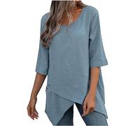 Womens Tops Ladies Cotton Linen Casual Loose Tops Irregular/Asymmetric/Split Hem 3/4 Sleeve Chic Longline Pullover Blouses Swing Tunic Top Blouse T Shirts Round Neck Plus Size Tops Clearance Blue