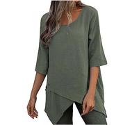 Womens Tops Ladies Cotton Linen Casual Loose Tops Irregular/Asymmetric/Split Hem 3/4 Sleeve Chic Longline Pullover Blouses Swing Tunic Top Blouse T Shirts Round Neck Plus Size Tops Clearance