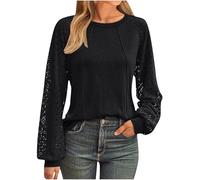 Womens Tops Ladies Tops Lace Long Sleeve Crew Neck Shirt Long Sleeve Womens Tops T Shirts Loose Casual Tops for Women Uk tops for women uk party wear Ladies Blouses Warehouse Black