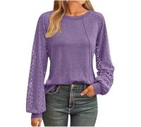 Womens Tops Ladies Tops Lace Long Sleeve Crew Neck Shirt Long Sleeve Womens Tops T Shirts Loose Casual Tops for Women Uk tops for women uk party wear Ladies Blouses Warehouse Purple